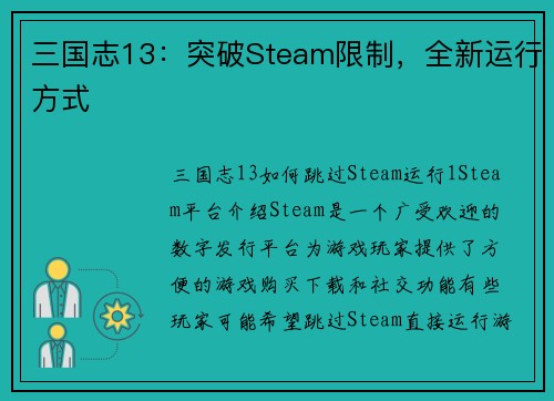 三国志13：突破Steam限制，全新运行方式